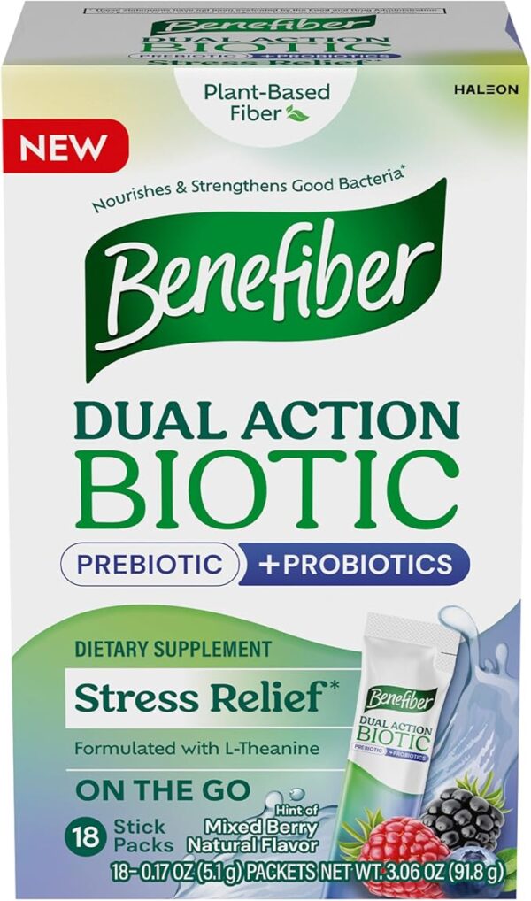 Benefiber Dual Action Biotic Plus Stress Relief – 18 Stick Packs | Mixed Berry Flavor