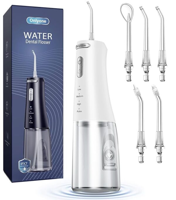 Onlyone Water Dental Flosser, 300ML Portable Oral Irrigator for Teeth, 4 Modes and 5 Jet Tips,Rechargeable Irrigation Cleaner,Electric Flossing Machine Power Flossers & Irrigator Accessories White